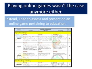 Playing online games wasn’t the case anymore either.Instead, I had to assess and present on an online game pertaining to education.