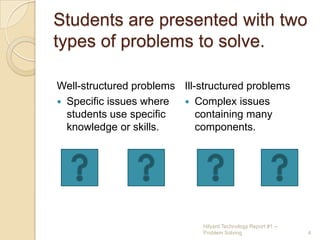 Students are presented with two types of problems to solve.Well-structured problems Specific issues where students use specific knowledge or skills.Ill-structured problemsComplex issues containing many components.4Hilyard Technology Report #1 -- Problem Solving