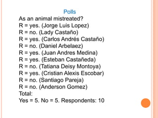 Polls
As an animal mistreated?
R = yes. (Jorge Luis Lopez)
R = no. (Lady Castaño)
R = yes. (Carlos Andrés Castaño)
R = no. (Daniel Arbelaez)
R = yes. (Juan Andres Medina)
R = yes. (Esteban Castañeda)
R = no. (Tatiana Deisy Montoya)
R = yes. (Cristian Alexis Escobar)
R = no. (Santiago Pareja)
R = no. (Anderson Gomez)
Total:
Yes = 5. No = 5. Respondents: 10
 