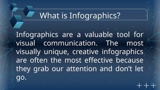 What is Infographics?
Infographics are a valuable tool for
visual communication. The most
visually unique, creative infographics
are often the most effective because
they grab our attention and don’t let
go.
 