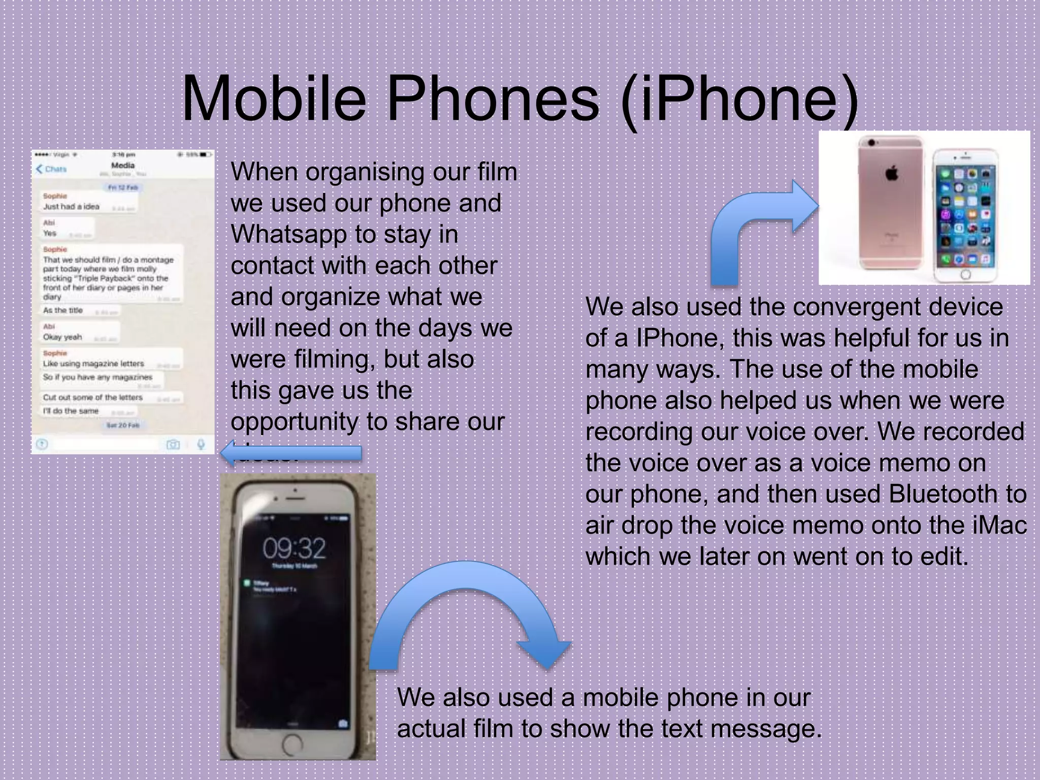 Mobile Phones (iPhone)
We also used the convergent device
of a IPhone, this was helpful for us in
many ways. The use of the mobile
phone also helped us when we were
recording our voice over. We recorded
the voice over as a voice memo on
our phone, and then used Bluetooth to
air drop the voice memo onto the iMac
which we later on went on to edit.
When organising our film
we used our phone and
Whatsapp to stay in
contact with each other
and organize what we
will need on the days we
were filming, but also
this gave us the
opportunity to share our
ideas.
We also used a mobile phone in our
actual film to show the text message.
 