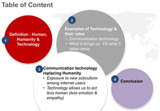 Table of Content 
© MIGHT 2014. Proprietary & Confidential 
Conclusion 
Definition : Human, 
Humanity & 
Technology 
Examples of Technology & 
their roles 
• Communication technology 
• What it brings us VS what it 
takes away 
Communication technology 
replacing Humanity 
• Exposure to new subculture 
among internet users 
• Technology allows us to act 
less human (less emotion & 
empathy) 
4 
3 
2 
1 
 
