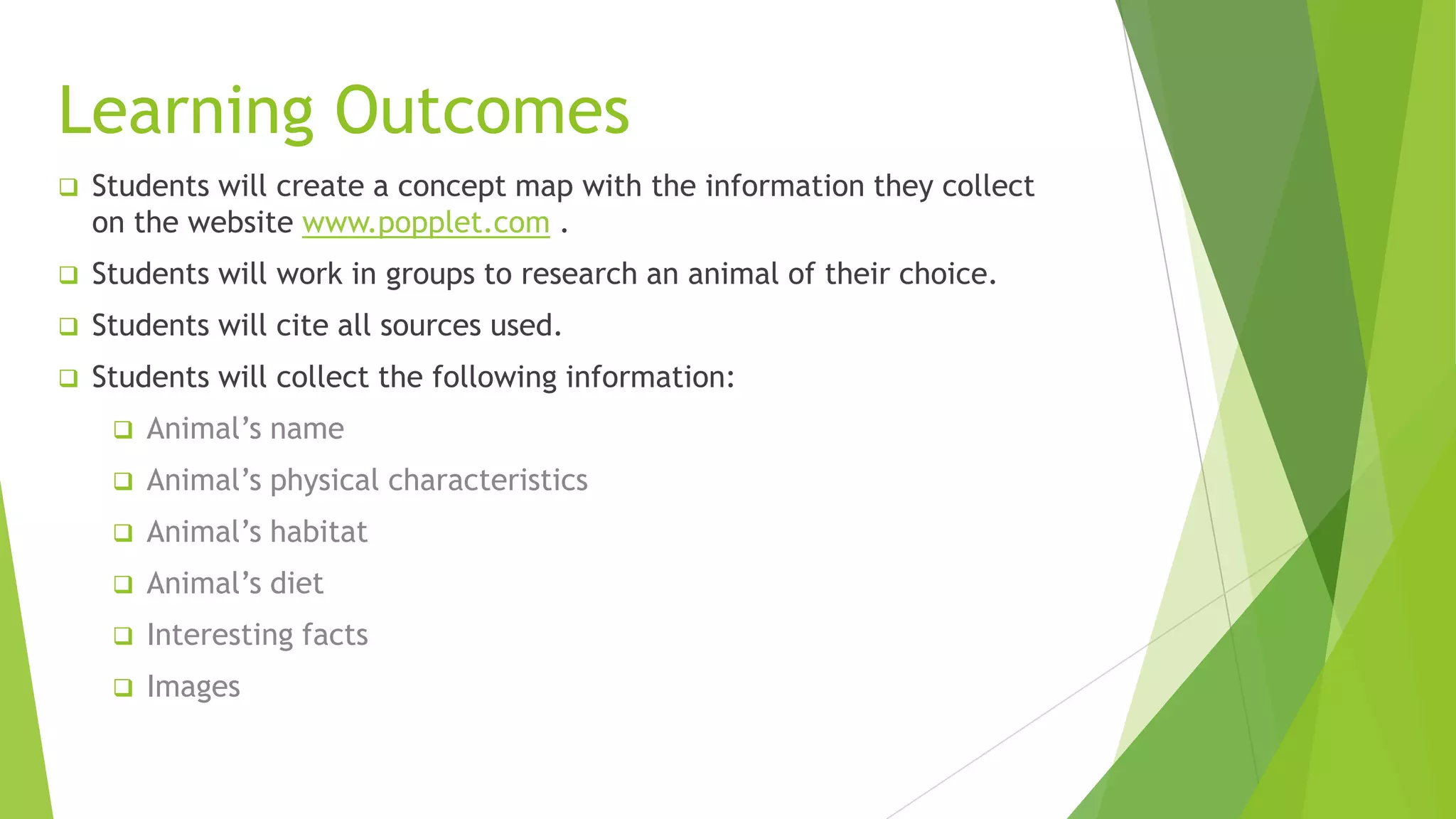 Learning Outcomes
 Students will create a concept map with the information they collect
on the website www.popplet.com .
 Students will work in groups to research an animal of their choice.
 Students will cite all sources used.
 Students will collect the following information:
 Animal’s name
 Animal’s physical characteristics
 Animal’s habitat
 Animal’s diet
 Interesting facts
 Images
 