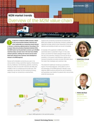 OSS/BSS Features 19
Comarch Technology Review   02/2010
he Machine-to-Machine (M2M) business, related
to the communication between machines and
othertraditionally non-computing remote devices
or sensors, is attaining a global presence. According to The
European Telecommunications Standards Institute (ETSI),
the M2M market has the potential to connect up to 50 billion
machines today, and even more in the nearfuture. Mobile
network operators, seeking new revenue sources when
faced with reduced voice revenues, have developed an
interest in the M2M segment.
Devices with embedded connectivity are used in the
various sectors: energy, automotive, logistics, infrastructure,
security, healthcare, merchandising, payment, monitoring,
industry etc. We can encounter machines with SIM cards
installed in both our professional and private lives. Their
application can be wide, from the monitoring of energy
usage, through car connectivity to entertainment.
Thanks to this connectivity, all machines and devices with
M2M cards installed can be efficiently monitored, updated and
diagnosed remotely, without human intervention.Errors can be
detected automatically and alerts can be sent immediately.
An example of the application of M2M cards in the
automotive sector is presented in Figure 1. In this case,
drivers can benefit from faster passage through a road
toll, due to the automatic charging of cars and the top-up
possibility in the prepaid model. Moreover, logistics and
insurance companies can attain accurate information about
the routes’ their employees and customers’ take.
The schema for healthcare monitoring is presented in
Figure 2. The remote diagnosis of the patient is one of
the advantages of this M2M application. Besides a rapid
diagnosis, M2M monitoring reduces the cost of treatment
and guarantees more freedom for patients who can go home,
while still receiving care.
T
OSS/BSS Features 19
M2M market trends
Overview of the M2M value chain
	 Agnieszka Czulak
	 Comarch SA
	 BSS Solution Manager,
Telecommunications
Business Unit
  Figure 1.M2M application in the road tolls business
	Pekka Valitalo
	 Comarch SA
	 BSS Market Analyst,
Telecommunications
Business Unit
Road Toll Company
IT Systems
M2M solution
Internet
EXIT
EXIT
EXIT
 