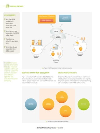 OSS/BSS Features20
Comarch Technology Review   02/2010
Overview of the M2M ecosystem
Figure 3 presents the different actors of the M2M market:
Device manufacturer, system integrator, M2M enabler,
network operator and end user. Each has different needs and
roles related to their activity.
Device manufacturers
Device manufactures who provide hardware and firmware
to M2M partners are equipping devices that were originally
designed to operate without reference to mobile technology,
with hardware that enables M2M communication.
The M2M enabler
can be different to
that of a network
operator, although
in some cases the
solution provider
and network
operator are
actually the same
company.
Ideas in brief:
	Why the M2M
business is
becoming
more and more
attractive
	Which actors are
present in the M2M
value chain
	The dilemma
network operators
face
	Which trends are
present on the
M2M market
  Figure 2.M2M application in the healthcare industry
  Figure 3.Actors of the M2M ecosystem
Comarch
Self Care
System
Integrator
M2M
Enabler
MNO
End User
Telco Operator IT Systems
Hospital
IT Systems
M2M Platform
Internet
Mobile
Network
Monitored
Patient
Monitored
Patient
Monitored
Patient
 