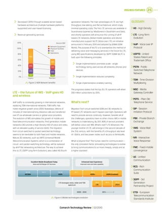 OSS/BSS Features 25
Comarch Technology Review   02/2010
  Figure 4.Mobile technologies evolution
	 Decreased CAPEX through scalable server-based
hardware architecture (multiple hardware platforms
supported) and user-based licensing
	 Revenue-generating services
generation network). The main advantages of LTE are high
throughput, low latency and flat architecture, which imply
minimal operating costs. The first LTE services are available in
Scandinavia (opened by TeliaSonera in Stockholm and Oslo),
and shortly operators will announce the running of all-IP
based LTE networks. Global mobile operators and device
manufacturers support VoLTE (Voice over LTE), an initiative
announced in February 2010 and adopted by GSMA (GSM
World). The purpose of VoLTE is to standardize the method of
delivering voice and messaging services in the future for LTE,
using IMS specifications developed by 3GPP. GSMA VoLTE is
built upon the following principles:
	 Single implementation promotes scale - single
technology being used across all networks, phones and
devices
	 Single implementation reduces complexity
	 Single implementation enables roaming
The prognosis states that the top 25 LTE operators will attain
200 million subscribers by 2015.
What’s next?
Migration from circuit-switched GSM and 3G networks to
IP-based LTE networks won’t happen overnight. Operators will
need to provide service continuity. However, besides all of
the challenges, operators have no other choice. IMS in mobile
networks is materializing. By 2011, 80% of service providers
will deliver voice over IMS. What’s next? LTE Advanced, the
younger brother of LTE, will emerge in the second decade of
the 21st century, with the benefits of a throughput rate level
of 1 Gbit/s, and low power nodes such as pico or femtocells.
What is beyond this? The human need for communication –
the only consistent factor stimulating technologies to evolve
to bring communications to us more cheaply, simply and at
a higher standard
  Figure 3.NGN Network benefits
Glossary:
	HD - High Density
	LTE –Long-Term
Evolution
	VoIP - Voice over IP
Protocol
	USPTO - United
States Patent and
Trademark Office
	PSTN - Public
Switched Telephone
Network
	TDM - Time-Division
Multiplexing
	MGC - Media
Gateway Controller
	POTS – Plain Old
Telephone Service
	SIP - Session
Initiation Protocol
	PBX - Private Branch
Exchange
	VMS - Voice Mail
System
	IVR - Interactive
Voice Response
	FMC - Fixed-mobile
convergence
	UC - Unified
Communication
	RCS - Rich
Communication
Suite
	3GPP - 3rd
Generation
Partnership Project
	ETSI - European
Telecommunication
Standards Institute
LTE – the future of IMS - VoIP goes HD
and wireless
VoIP traffic is constantly growing in international networks,
replacing TDM international networks. TDM traffic has
noted negative growth since 2004. Nowadays, billions of
minutes of international long distance calls are transferred
over IP via wholesale carriers or global voice providers.
The evolution of IMS stimulates the growth of mobile and
fixed telecommunication networks. Third generation mobile
networks (3G) provide a High Density (HD) of voice and video,
with an elevated quality of service (QoS). The migration
from circuit-switched to packet-switched technology
seems to be inevitable for both fixed and mobile networks.
Mature 3G networks, such as UMTS (Universal Mobile
Telecommunication System), which is a combination of
circuit- and packet-switching technology, will be replaced
by all-IP flat networking architecture. The way to achieve
this is LTE (3GPP Long-Term Evolution), also called 4G (fourth
WCDMA
Rel-99
Excellent Mobile Broadband Today
Voice and full Range of IP Services
Enhanced User Experience
LTE leverages news, wider and TDD
spectrum
2009 – 2010 2011+ ---------->
Improved voice and data capability
HSPA
Rel-99
HSPA+
Rel-8
(HSPA Envolved)
Rel-9 & beyond
Rel-9
LTE
Rel-8
LTE-A
Rel-10
Rel-5 Rel-7
Legacy NextGen
Source:CIBC120%
100%
80%
60%
40%
20%
0%
Network Equipment
Physical Facilities
Fiber
Operations
10% 7%
20%
20%
25%
15%
45%
25%
 