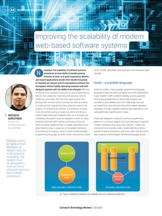 Technology & Innovation44
Comarch Technology Review   02/2010
Technology & Innovation44
Vertical scaling
is highly limited
(because of
Moore’s law), so
to achieve true
scalability, the
system must
be designed to
work on many
physical machines
with multiple
processors.
  Figure 1.Difference between the scalable and non-scalable architecture.
Non scalable architecture scalable architecture
owadays, the scalability of software systems,
considered as their ability to handle growing
amounts of work, is of great importance. Modern,
web-based applications should often handle thousands
of requests per second, and it’s impossible to achieve this
throughput without rapidly-operating hardware and well-
designed systems with the ability to be enlarged. Methods
of adding more hardware resources for use by applications,
fall into two categories: improving one physical node by
replacing a processor with the most rapid version and
adding more memory (which is known as vertical scaling
or scale-up) and augmenting more physical nodes to the
system, or increasing the number of processors on every
node (horizontal scaling or scale-out). Vertical scaling is
highly limited (because of Moore’s law), so to achieve true
scalability, the system must be designed to work on many
physical machines with multiple processors. There are
many concepts regarding how to cluster applications and
allow them to grow in response to the greater demands
of processing throughput. Some of them include scalable
programming language, an event-driven concurrency model
(actor model), distributed task execution and dispersed data
storage.
Scala – a scalable language
Scala is a modern, multi-paradigm programming language
designed to ease the writing of highly-concurrent applications.
It was created in 2001, by Martin Odersky, and its popularity
among Java programmers is rising.Scala programs are
compiled to Java classes, and run on JVM.Scala code can
be invoked from Java and vice versa, which allows seamless
integration of Scala modules in existing Java applications, and
using well-known Java libraries in Scala.
Scala was designed to express common programming
patterns in a concise, elegant and type-safe way. It supports
multiple inheritance (by using mixin classes – traits), has
mechanisms for avoiding nulls, a great collections library,
powerful implicit conversions and many other improvements.
Also, Scala as a hybrid object-functional language, grants
N
Improving the scalability of modern
web-based software systems
	 Wojciech
Durczyński
	 Comarch SA
	 Software Developer,
	 Telco BSS R&D
Relational DB
Application
node
Reverse
proxy
IMDG
Application nodes
 
