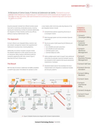 Customer Spotlight 9
Comarch Technology Review   02/2010
  Figure 2.Detailed infrastructure diagram after Comarch implementation
Acquiring separate modules from different vendors would
have been an extremely complicated process, involving
signing and maintaining a number of contracts. Additionally,
the integration of these modules could be very difficult,
adding to ongoing implementation risks.
The Approach
Comarch offered a pre-integrated billing, customer care
and network management solution that supported all of
Cablevisión’s business lines, including telephony.
Additionally, the solution included a prepaid module
that allowed Cablevisión to offer prepaid services and
an interpartner billing module to efficiently handle the
company’s agreements with other carriers. Figure 2
describes the final IT infrastructure.
The Result
With the help of Comarch, Cablevisión de Saltillo completed
a breakthrough project that allowed the operator to enter
a new market, while minimizing costs. Key features of the
pre-integrated solution include:
	 Comprehensive solution supporting all services in
a convergent manner
	 Multi-language system and documentation (Spanish
supported)
	 Pay-as-you-grow model supporting the following out-
of-the-box:
	 Up to 100,000 post-paid subscribers
	 Up to 20,000 pre-paid subscribers
	 Unlimited system users
	 Unlimited telephone traffic
	 Highly scalable system able to support many additional
subscribers by gradually improving hardware capacity,
as compared to other systems that require exponential
investments in hardware
	 Standards-based solution that facilitates the future
implementation and integration of additional modules
and 3rd party systems
Comarch
products
& Services:
	Comarch
Convergent Billing
	Comarch
Customer
Management
	Comarch
Workforce
Management
	Comarch
Business Process
Management
	Comarch Self Care
	Comarch Service
Activation
	Comarch Billing
Mediation
	Comarch 3arts
	Comarch
InterPartner
Billing
	Comarch Analyzer
	Comarch Fraud
Detection
In the words of Carlos Casas, IT Director at Cablevisión de Saltillo, “Comarch is a true
partner that helped us modernize our IT infrastructure and continues to support us in
our day-to-day activities.We look forward to continuing our relationship with Comarch
for years to come”.
Internet
Telephony
Set Top Box
TVWI-FI
Firewall
ACC
Controller
Internal
Network
Motorola
DAC 6000
Cedar Point C3
Safari Softswitch
CMTS
Decoders
Multiplexers
TV Content
Internet and
Telephony
Comarch
Data Processing
Server
Comarch
Billing System
Data base
Intraway Service
Delivery Platform
Comarch Customer
Management
Comarch Self
Care
Comarch
3Arts
Comarch
Mediation
Cable Modem
EMTA
HFC NETWORK (DOCSIS – PACKET CABLE – SET TOP BOX PROVISIONING)
 