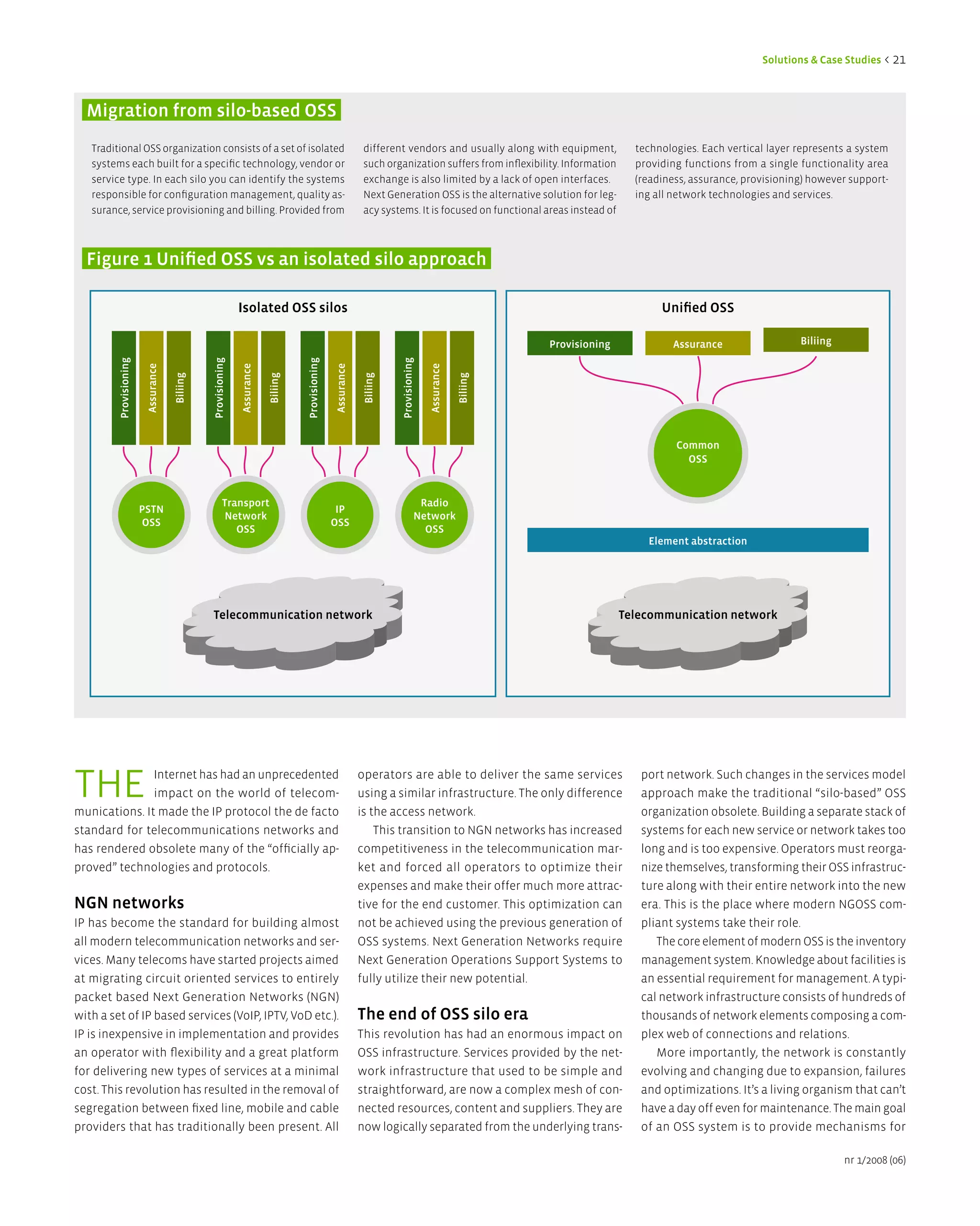 Solutions & Case Studies < 21



  Migration from silo-based OSS
   Traditional OSS organization consists of a set of isolated                                                   different vendors and usually along with equipment,             technologies. Each vertical layer represents a system
   systems each built for a specific technology, vendor or                                                      such organization suffers from inflexibility. Information       providing functions from a single functionality area
   service type. In each silo you can identify the systems                                                      exchange is also limited by a lack of open interfaces.          (readiness, assurance, provisioning) however support-
   responsible for configuration management, quality as-                                                        Next Generation OSS is the alternative solution for leg-        ing all network technologies and services.
   surance, service provisioning and billing. Provided from                                                     acy systems. It is focused on functional areas instead of



  Figure 1 Unified OSS vs an isolated silo approach

                                                              isolated OSS silos                                                                                                     Unified OSS

                                                                                                                                                               Provisioning            assurance                  Biliing
         Provisioning




                                               Provisioning




                                                                                    Provisioning




                                                                                                                          Provisioning
                         assurance




                                                              assurance




                                                                                                   assurance




                                                                                                                                         assurance
                                     Biliing




                                                                          Biliing




                                                                                                                Biliing




                                                                                                                                                     Biliing
                                                                                                                                                                                        Common
                                                                                                                                                                                          OSS



                                                       Transport                                                                      Radio
                        PSTn                                                                        iP
                                                       network                                                                       network
                        OSS                                                                        OSS
                                                          OSS                                                                          OSS
                                                                                                                                                                                  element abstraction




                                               Telecommunication network                                                                                                      Telecommunication network




the            Internet has had an unprecedented
               impact on the world of telecom-
munications. It made the IP protocol the de facto
                                                                                                               operators are able to deliver the same services
                                                                                                               using a similar infrastructure. The only difference
                                                                                                               is the access network.
                                                                                                                                                                                 port network. Such changes in the services model
                                                                                                                                                                                 approach make the traditional “silo-based” OSS
                                                                                                                                                                                 organization obsolete. Building a separate stack of
standard for telecommunications networks and                                                                       This transition to NGN networks has increased                 systems for each new service or network takes too
has rendered obsolete many of the “officially ap-                                                              competitiveness in the telecommunication mar-                     long and is too expensive. Operators must reorga-
proved” technologies and protocols.                                                                            ket and forced all operators to optimize their                    nize themselves, transforming their OSS infrastruc-
                                                                                                               expenses and make their offer much more attrac-                   ture along with their entire network into the new
ngn networks                                                                                                   tive for the end customer. This optimization can                  era. This is the place where modern NGOSS com-
IP has become the standard for building almost                                                                 not be achieved using the previous generation of                  pliant systems take their role.
all modern telecommunication networks and ser-                                                                 OSS systems. Next Generation Networks require                        The core element of modern OSS is the inventory
vices. Many telecoms have started projects aimed                                                               Next Generation Operations Support Systems to                     management system. Knowledge about facilities is
at migrating circuit oriented services to entirely                                                             fully utilize their new potential.                                an essential requirement for management. A typi-
packet based Next Generation Networks (NGN)                                                                                                                                      cal network infrastructure consists of hundreds of
with a set of IP based services (VoIP, IPTV, VoD etc.).                                                        The end of OSS silo era                                           thousands of network elements composing a com-
IP is inexpensive in implementation and provides                                                               This revolution has had an enormous impact on                     plex web of connections and relations.
an operator with flexibility and a great platform                                                              OSS infrastructure. Services provided by the net-                    More importantly, the network is constantly
for delivering new types of services at a minimal                                                              work infrastructure that used to be simple and                    evolving and changing due to expansion, failures
cost. This revolution has resulted in the removal of                                                           straightforward, are now a complex mesh of con-                   and optimizations. It’s a living organism that can’t
segregation between fixed line, mobile and cable                                                               nected resources, content and suppliers. They are                 have a day off even for maintenance. The main goal
providers that has traditionally been present. All                                                             now logically separated from the underlying trans-                of an OSS system is to provide mechanisms for

                                                                                                                                                                                                                            nr 1/2008 (06)
 