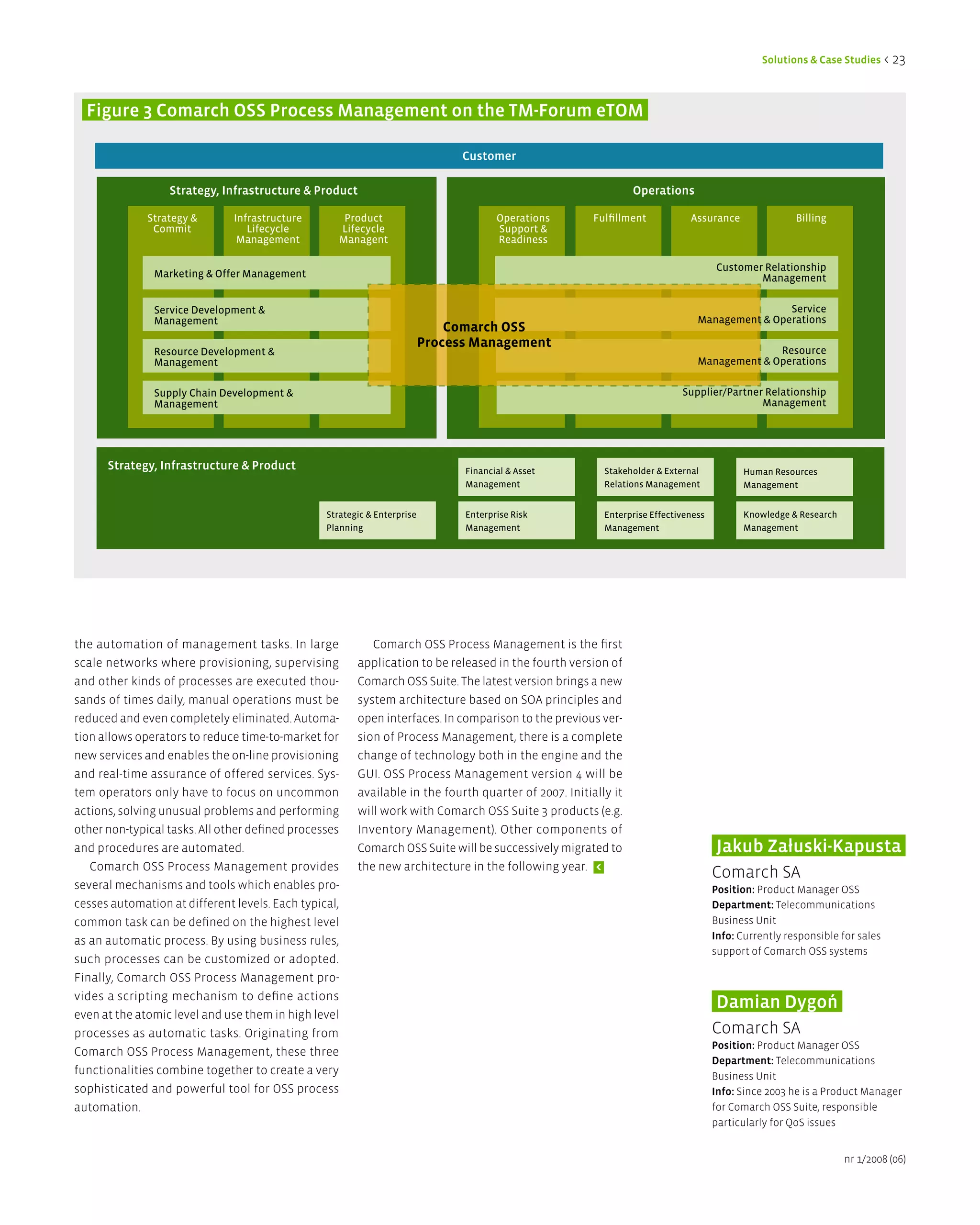 Solutions & Case Studies < 23



  Figure 3 Comarch OSS Process Management on the TM-Forum eTOM

                                                                                Customer

                  Strategy, infrastructure & Product                                                            Operations

              Strategy &       Infrastructure        Product                           Operations      Fulfillment           Assurance                Billing
               Commit             Lifecycle         Lifecycle                          Support &
                                Management          Managent                           Readiness

                                                                                                                                    Customer Relationship
               Marketing & Offer Management                                                                                                 Management

               Service Development &                                                                                                           Service
               Management                                                                                                      Management & Operations
                                                                              Comarch OSS
                                                                          Process Management
               Resource Development &                                                                                                        Resource
               Management                                                                                                      Management & Operations

               Supply Chain Development &                                                                                  Supplier/Partner Relationship
               Management                                                                                                                  Management




      Strategy, infrastructure & Product                                        Financial & Asset        Stakeholder & External           Human Resources
                                                                                Management               Relations Management             Management


                                                 Strategic & Enterprise         Enterprise Risk          Enterprise Effectiveness         Knowledge & Research
                                                 Planning                       Management               Management                       Management




the automation of management tasks. In large               Comarch OSS Process Management is the first
scale networks where provisioning, supervising          application to be released in the fourth version of
and other kinds of processes are executed thou-         Comarch OSS Suite. The latest version brings a new
sands of times daily, manual operations must be         system architecture based on SOA principles and
reduced and even completely eliminated. Automa-         open interfaces. In comparison to the previous ver-
tion allows operators to reduce time-to-market for      sion of Process Management, there is a complete
new services and enables the on-line provisioning       change of technology both in the engine and the
and real-time assurance of offered services. Sys-       GUI. OSS Process Management version 4 will be
tem operators only have to focus on uncommon            available in the fourth quarter of 2007. Initially it
actions, solving unusual problems and performing        will work with Comarch OSS Suite 3 products (e.g.
other non-typical tasks. All other defined processes    Inventory Management). Other components of
and procedures are automated.                           Comarch OSS Suite will be successively migrated to                          Jakub Załuski-Kapusta
   Comarch OSS Process Management provides              the new architecture in the following year. <
                                                                                                                                    Comarch SA
several mechanisms and tools which enables pro-                                                                                     Position: Product Manager OSS
cesses automation at different levels. Each typical,                                                                                department: Telecommunications
common task can be defined on the highest level                                                                                     Business Unit
as an automatic process. By using business rules,                                                                                   info: Currently responsible for sales
                                                                                                                                    support of Comarch OSS systems
such processes can be customized or adopted.
Finally, Comarch OSS Process Management pro-
vides a scripting mechanism to define actions
                                                                                                                                    damian dygoń
even at the atomic level and use them in high level
processes as automatic tasks. Originating from                                                                                      Comarch SA
                                                                                                                                    Position: Product Manager OSS
Comarch OSS Process Management, these three
                                                                                                                                    department: Telecommunications
functionalities combine together to create a very                                                                                   Business Unit
sophisticated and powerful tool for OSS process                                                                                     info: Since 2003 he is a Product Manager
automation.                                                                                                                         for Comarch OSS Suite, responsible
                                                                                                                                    particularly for QoS issues


                                                                                                                                                                 nr 1/2008 (06)
 