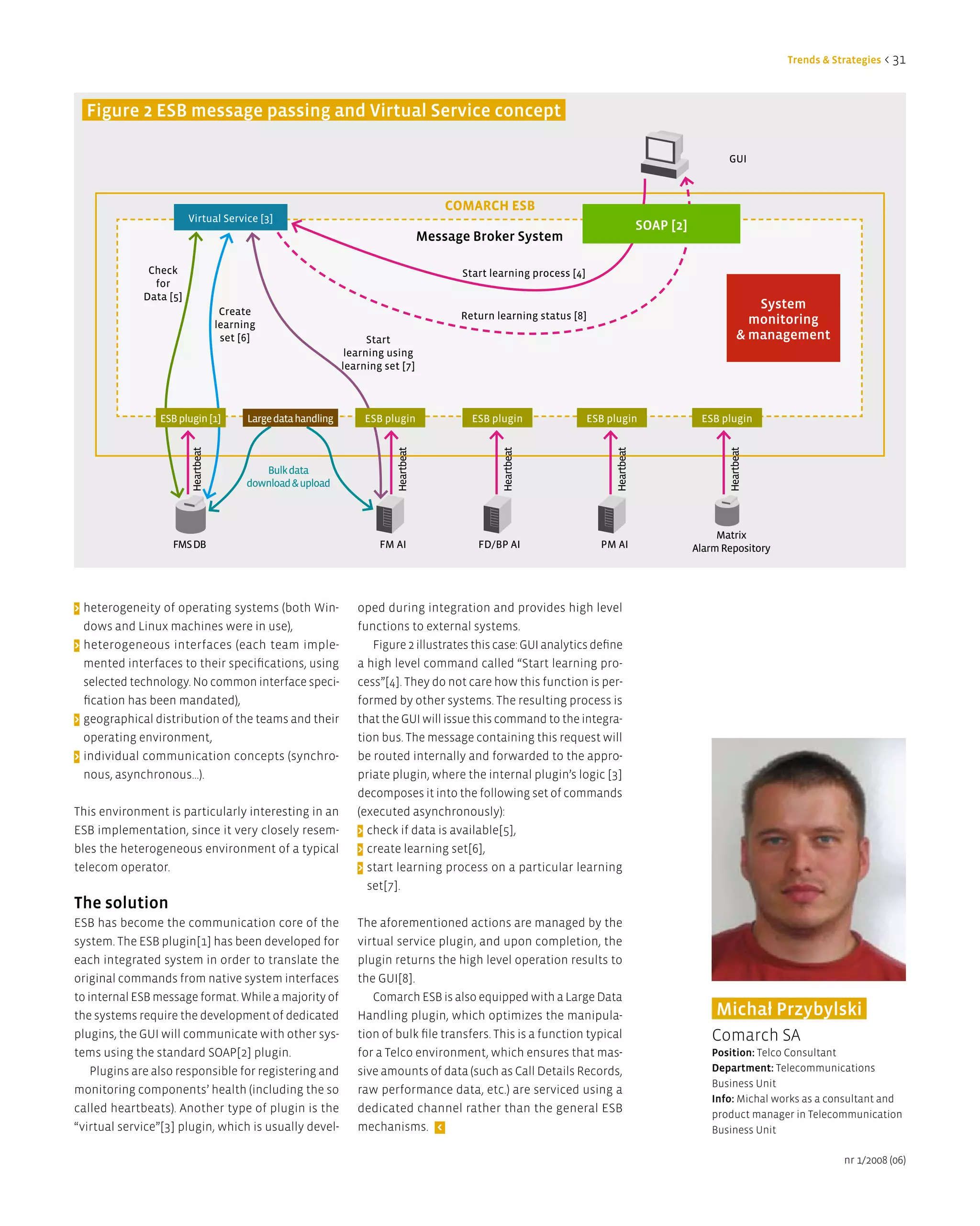 Trends & Strategies < 31



  Figure 2 eSB message passing and Virtual Service concept

                                                                                                                                                              GUI



                                                                                            COMARCH ESB
                        Virtual Service [3]
                                                                                                                                            SOaP [2]
                                                                                        Message Broker System

              Check                                                                           Start learning process [4]
               for
             Data [5]
                                     Create
                                                                                                                                                                      System
                                                                                              Return learning status [8]                                             monitoring
                                    learning
                                     set [6]                          Start                                                                                        & management
                                                                 learning using
                                                                learning set [7]



                ESB plugin [1]            Large data handling        ESB plugin                 ESB plugin                 ESB plugin                   ESB plugin
                        Heartbeat




                                                                            Heartbeat




                                                                                                      Heartbeat




                                                                                                                                Heartbeat




                                                                                                                                                              Heartbeat
                                             Bulk data
                                          download & upload



                                                                                                                                                            Matrix
                   FMS DB                                               FM AI                    FD/BP AI                    PM AI                     Alarm Repository




> heterogeneity of operating systems (both Win-                    oped during integration and provides high level
  dows and Linux machines were in use),                            functions to external systems.
> heterogeneous interfaces (each team imple-                          Figure 2 illustrates this case: GUI analytics define
  mented interfaces to their specifications, using                 a high level command called “Start learning pro-
  selected technology. No common interface speci-                  cess”[4]. They do not care how this function is per-
  fication has been mandated),                                     formed by other systems. The resulting process is
> geographical distribution of the teams and their                 that the GUI will issue this command to the integra-
  operating environment,                                           tion bus. The message containing this request will
> individual communication concepts (synchro-                      be routed internally and forwarded to the appro-
  nous, asynchronous...).                                          priate plugin, where the internal plugin’s logic [3]
                                                                   decomposes it into the following set of commands
This environment is particularly interesting in an                 (executed asynchronously):
ESB implementation, since it very closely resem-                   > check if data is available[5],
bles the heterogeneous environment of a typical                    > create learning set[6],
telecom operator.                                                  > start learning process on a particular learning
                                                                     set[7].
The solution
ESB has become the communication core of the                       The aforementioned actions are managed by the
system. The ESB plugin[1] has been developed for                   virtual service plugin, and upon completion, the
each integrated system in order to translate the                   plugin returns the high level operation results to
original commands from native system interfaces                    the GUI[8].
to internal ESB message format. While a majority of                   Comarch ESB is also equipped with a Large Data
the systems require the development of dedicated                   Handling plugin, which optimizes the manipula-                                          Michał Przybylski
plugins, the GUI will communicate with other sys-                  tion of bulk file transfers. This is a function typical                                Comarch SA
tems using the standard SOAP[2] plugin.                            for a Telco environment, which ensures that mas-                                       Position: Telco Consultant
    Plugins are also responsible for registering and               sive amounts of data (such as Call Details Records,                                    department: Telecommunications
                                                                                                                                                          Business Unit
monitoring components’ health (including the so                    raw performance data, etc.) are serviced using a
                                                                                                                                                          info: Michal works as a consultant and
called heartbeats). Another type of plugin is the                  dedicated channel rather than the general ESB                                          product manager in Telecommunication
“virtual service”[3] plugin, which is usually devel-               mechanisms. <                                                                          Business Unit

                                                                                                                                                                                     nr 1/2008 (06)
 