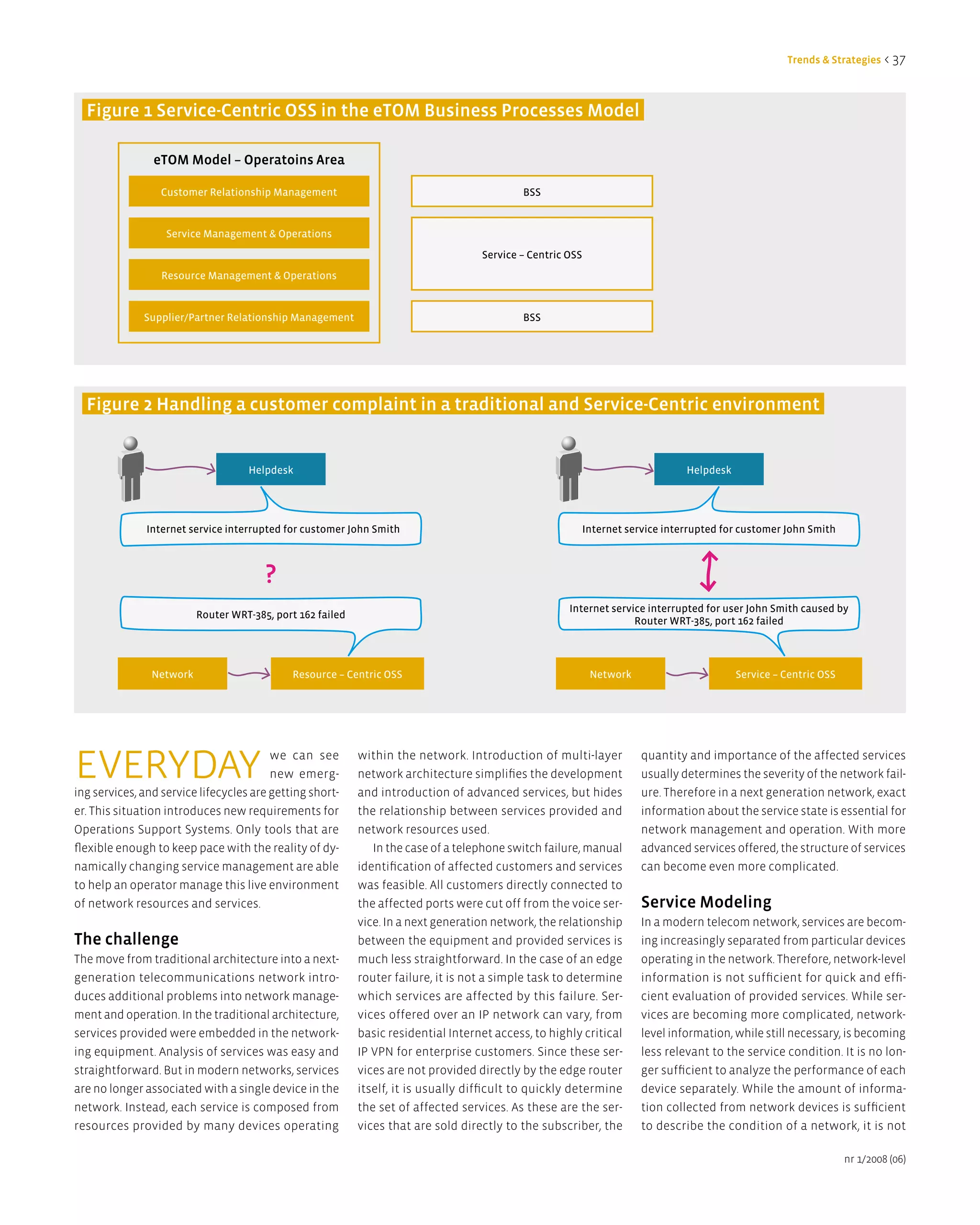 Trends & Strategies < 37



  Figure 1 Service-Centric OSS in the eTOM Business Processes Model

                eTOM Model – Operatoins area

                  Customer Relationship Management                                           BSS


                   Service Management & Operations
                                                                                    Service – Centric OSS
                  Resource Management & Operations


              Supplier/Partner Relationship Management                                       BSS




  Figure 2 Handling a customer complaint in a traditional and Service-Centric environment


                                    Helpdesk                                                                                     Helpdesk




               Internet service interrupted for customer John Smith                                         Internet service interrupted for customer John Smith



                                        ?
                                                                                                      Internet service interrupted for user John Smith caused by
                          Router WRT-385, port 162 failed
                                                                                                                    Router WRT-385, port 162 failed



                Network                       Resource – Centric OSS                                         Network                        Service – Centric OSS




everyday                                 we can see
                                         new emerg-
ing services, and service lifecycles are getting short-
                                                            within the network. Introduction of multi-layer
                                                            network architecture simplifies the development
                                                            and introduction of advanced services, but hides
                                                                                                                        quantity and importance of the affected services
                                                                                                                        usually determines the severity of the network fail-
                                                                                                                        ure. Therefore in a next generation network, exact
er. This situation introduces new requirements for          the relationship between services provided and              information about the service state is essential for
Operations Support Systems. Only tools that are             network resources used.                                     network management and operation. With more
flexible enough to keep pace with the reality of dy-           In the case of a telephone switch failure, manual        advanced services offered, the structure of services
namically changing service management are able              identification of affected customers and services           can become even more complicated.
to help an operator manage this live environment            was feasible. All customers directly connected to
of network resources and services.                          the affected ports were cut off from the voice ser-         Service Modeling
                                                            vice. In a next generation network, the relationship        In a modern telecom network, services are becom-
The challenge                                               between the equipment and provided services is              ing increasingly separated from particular devices
The move from traditional architecture into a next-         much less straightforward. In the case of an edge           operating in the network. Therefore, network-level
generation telecommunications network intro-                router failure, it is not a simple task to determine        information is not sufficient for quick and effi-
duces additional problems into network manage-              which services are affected by this failure. Ser-           cient evaluation of provided services. While ser-
ment and operation. In the traditional architecture,        vices offered over an IP network can vary, from             vices are becoming more complicated, network-
services provided were embedded in the network-             basic residential Internet access, to highly critical       level information, while still necessary, is becoming
ing equipment. Analysis of services was easy and            IP VPN for enterprise customers. Since these ser-           less relevant to the service condition. It is no lon-
straightforward. But in modern networks, services           vices are not provided directly by the edge router          ger sufficient to analyze the performance of each
are no longer associated with a single device in the        itself, it is usually difficult to quickly determine        device separately. While the amount of informa-
network. Instead, each service is composed from             the set of affected services. As these are the ser-         tion collected from network devices is sufficient
resources provided by many devices operating                vices that are sold directly to the subscriber, the         to describe the condition of a network, it is not

                                                                                                                                                                    nr 1/2008 (06)
 