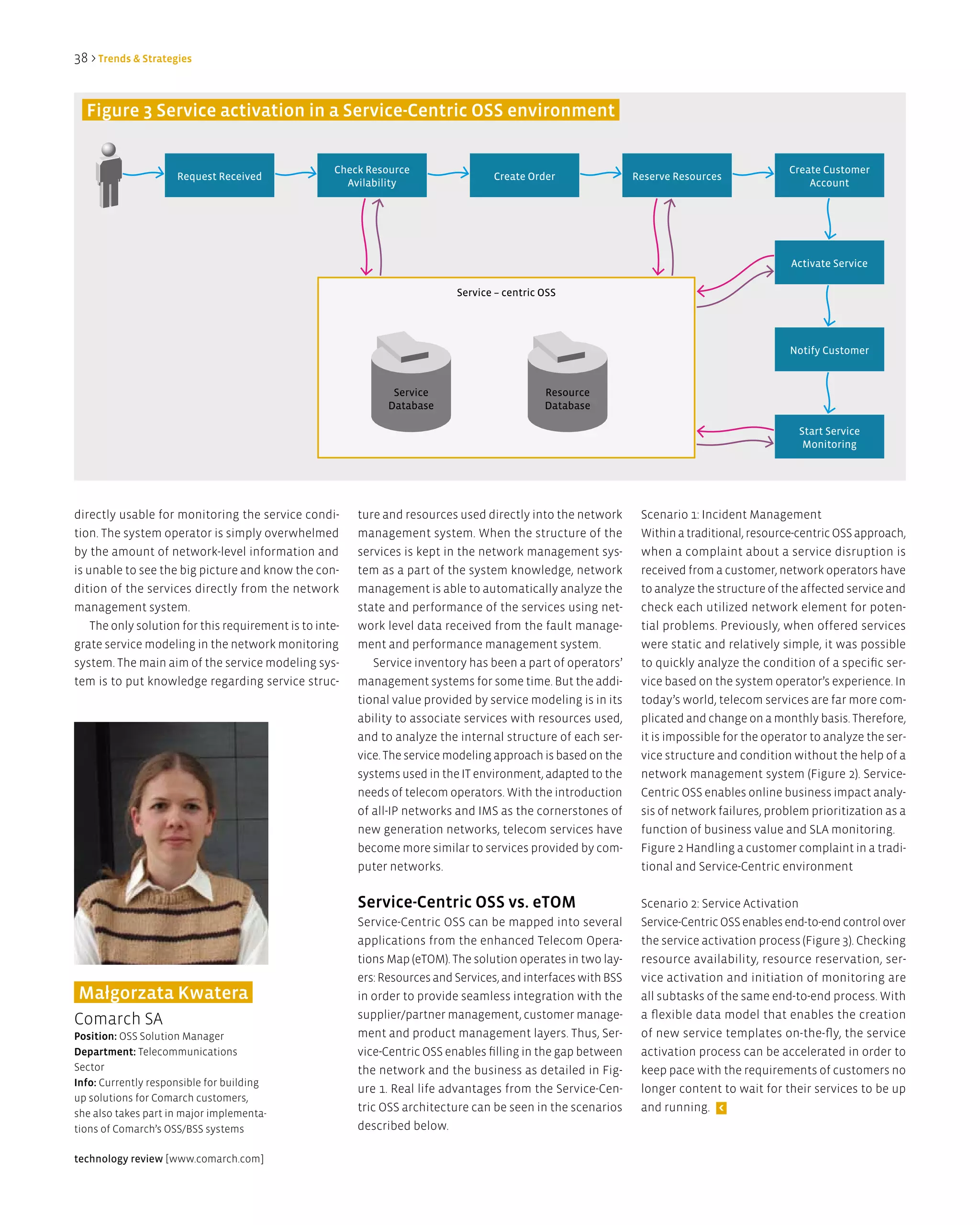 38 > Trends & Strategies


  Figure 3 Service activation in a Service-Centric OSS environment


                                                     Check Resource                                                                           Create Customer
                     Request Received                                              Create Order                 Reserve Resources
                                                       Avilability                                                                                Account




                                                                                                                                               Activate Service

                                                                            Service – centric OSS




                                                                                                                                              Notify Customer


                                                                Service                       Resource
                                                               Database                       Database

                                                                                                                                                Start Service
                                                                                                                                                 Monitoring




directly usable for monitoring the service condi-        ture and resources used directly into the network       Scenario 1: Incident Management
tion. The system operator is simply overwhelmed          management system. When the structure of the            Within a traditional, resource-centric OSS approach,
by the amount of network-level information and           services is kept in the network management sys-         when a complaint about a service disruption is
is unable to see the big picture and know the con-       tem as a part of the system knowledge, network          received from a customer, network operators have
dition of the services directly from the network         management is able to automatically analyze the         to analyze the structure of the affected service and
management system.                                       state and performance of the services using net-        check each utilized network element for poten-
    The only solution for this requirement is to inte-   work level data received from the fault manage-         tial problems. Previously, when offered services
grate service modeling in the network monitoring         ment and performance management system.                 were static and relatively simple, it was possible
system. The main aim of the service modeling sys-           Service inventory has been a part of operators’      to quickly analyze the condition of a specific ser-
tem is to put knowledge regarding service struc-         management systems for some time. But the addi-         vice based on the system operator’s experience. In
                                                         tional value provided by service modeling is in its     today’s world, telecom services are far more com-
                                                         ability to associate services with resources used,      plicated and change on a monthly basis. Therefore,
                                                         and to analyze the internal structure of each ser-      it is impossible for the operator to analyze the ser-
                                                         vice. The service modeling approach is based on the     vice structure and condition without the help of a
                                                         systems used in the IT environment, adapted to the      network management system (Figure 2). Service-
                                                         needs of telecom operators. With the introduction       Centric OSS enables online business impact analy-
                                                         of all-IP networks and IMS as the cornerstones of       sis of network failures, problem prioritization as a
                                                         new generation networks, telecom services have          function of business value and SLA monitoring.
                                                         become more similar to services provided by com-        Figure 2 Handling a customer complaint in a tradi-
                                                         puter networks.                                         tional and Service-Centric environment


                                                         Service-Centric OSS vs. eTOM                            Scenario 2: Service Activation
                                                         Service-Centric OSS can be mapped into several          Service-Centric OSS enables end-to-end control over
                                                         applications from the enhanced Telecom Opera-           the service activation process (Figure 3). Checking
                                                         tions Map (eTOM). The solution operates in two lay-     resource availability, resource reservation, ser-
                                                         ers: Resources and Services, and interfaces with BSS    vice activation and initiation of monitoring are
Małgorzata Kwatera                                       in order to provide seamless integration with the       all subtasks of the same end-to-end process. With
Comarch SA                                               supplier/partner management, customer manage-           a flexible data model that enables the creation
Position: OSS Solution Manager                           ment and product management layers. Thus, Ser-          of new service templates on-the-fly, the service
department: Telecommunications                           vice-Centric OSS enables filling in the gap between     activation process can be accelerated in order to
Sector                                                   the network and the business as detailed in Fig-        keep pace with the requirements of customers no
info: Currently responsible for building
                                                         ure 1. Real life advantages from the Service-Cen-       longer content to wait for their services to be up
up solutions for Comarch customers,
she also takes part in major implementa-
                                                         tric OSS architecture can be seen in the scenarios      and running. <
tions of Comarch’s OSS/BSS systems                       described below.

technology review [www.comarch.com]
 
