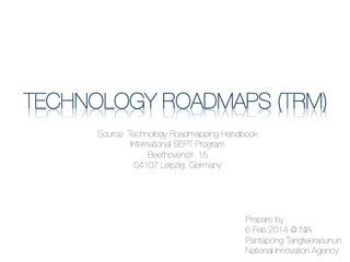 Source: Technology Roadmapping Handbook
International SEPT Program 
Beethovenstr. 15 "
04107 Leipzig, Germany 

Prepare by : 
6 Feb 2014 @ NIA"
Pantapong Tangteerasunun"
National Innovation Agency	
  

 