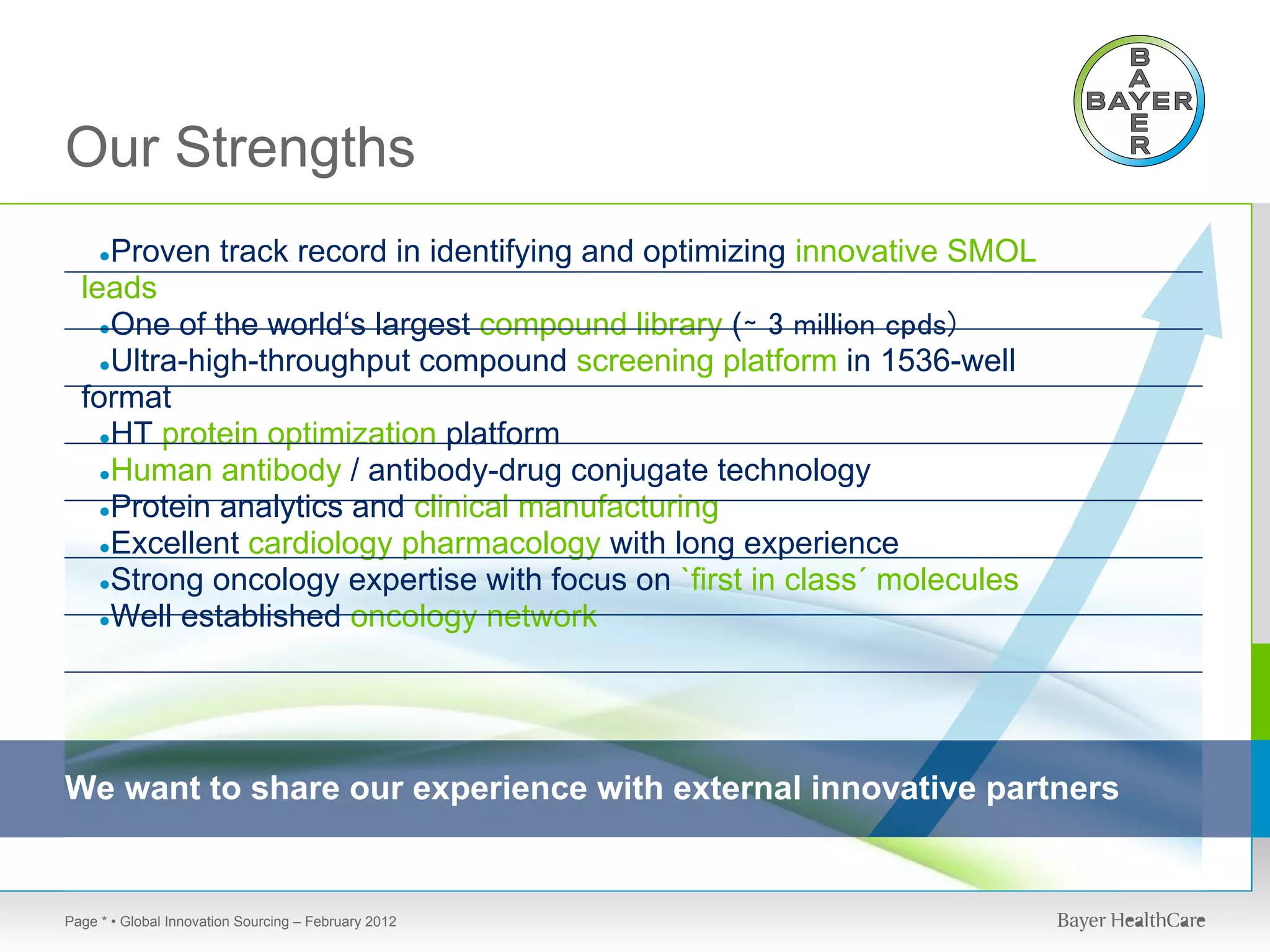 Our Strengths
     Proven track record in identifying and optimizing innovative SMOL
     ●
  leads
    ●One of the world‘s largest compound library (∼ 3 million cpds)
    ●Ultra-high-throughput compound screening platform in 1536-well
  format
    ●HT protein optimization platform
    ●Human antibody / antibody-drug conjugate technology
    ●Protein analytics and clinical manufacturing
    ●Excellent cardiology pharmacology with long experience
    ●Strong oncology expertise with focus on `first in class´ molecules
    ●Well established oncology network




We want to share our experience with external innovative partners


Page * • Global Innovation Sourcing – February 2012
 