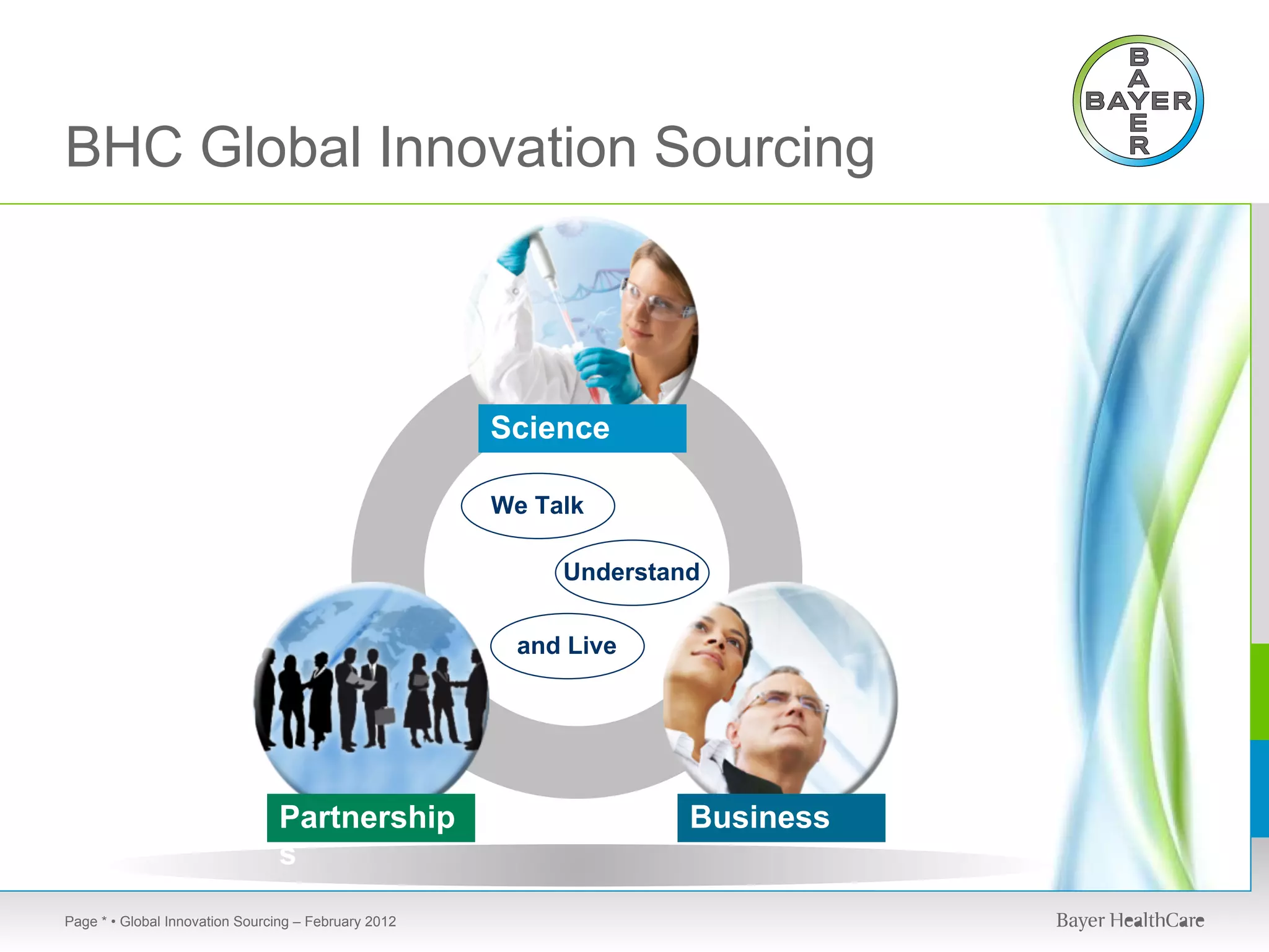 BHC Global Innovation Sourcing



                                                      Science

                                                      We Talk

                                                           Understand

                                                       and Live




                                Partnership                         Business
                                s
Page * • Global Innovation Sourcing – February 2012
 