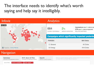 The interface needs to identify what’s worth
  saying and help say it intelligibly.

Infoviz                   Analytics




Navigation
 