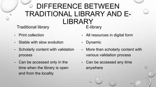 DIFFERENCE BETWEEN
TRADITIONAL LIBRARY AND E-
LIBRARY
Traditional library
• Print collection
• Stable with slow evolution
• Scholarly content with validation
process
• Can be accessed only in the
time when the library is open
and from the locality
E-library
• All resources in digital form
• Dynamic
• More than scholarly content with
various validation process
• Can be accessed any time
anywhere
 