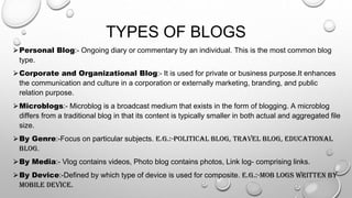 TYPES OF BLOGS
⮚Personal Blog:- Ongoing diary or commentary by an individual. This is the most common blog
type.
⮚Corporate and Organizational Blog:- It is used for private or business purpose.It enhances
the communication and culture in a corporation or externally marketing, branding, and public
relation purpose.
⮚Microblogs:- Microblog is a broadcast medium that exists in the form of blogging. A microblog
differs from a traditional blog in that its content is typically smaller in both actual and aggregated file
size.
⮚By Genre:-Focus on particular subjects. E.g.:-Political blog, travel blog, educational
blog.
⮚By Media:- Vlog contains videos, Photo blog contains photos, Link log- comprising links.
⮚By Device:-Defined by which type of device is used for composite. E.g.:-Mob logs written by
mobile device.
 