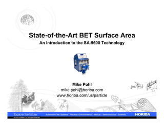 State-of-the-Art BET Surface Area
                                      An Introduction to the SA-9600 Technology




                                                     Mike Pohl
                                               mike.pohl@horiba.com
                                              www.horiba.com/us/particle




© 2010 HORIBA, Ltd. All rights reserved.
 