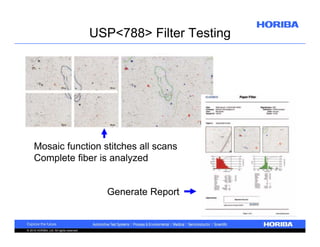 USP<788> Filter Testing

Mosaic function stitches all scans
Complete fiber is analyzed
Generate Report

© 2010 HORIBA, Ltd. All rights reserved.

 