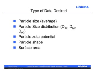 Type of Data Desired
 Particle size (average)
 Particle Size distribution (D10, D50,
D90)
 Particle zeta potential
 Particle shape
 Surface area

© 2010 HORIBA, Ltd. All rights reserved.

 