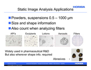 Static Image Analysis Applications
Powders, suspensions 0.5 – 1000 µm
Size and shape information
Also count when analyzing filters
API’s

Excipients

Lotions

Aerosols

Widely used in pharmaceutical R&D
But also wherever shape info. required
Abrasives
© 2010 HORIBA, Ltd. All rights reserved.

Filters

 