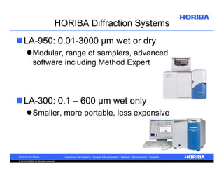 HORIBA Diffraction Systems
LA-950: 0.01-3000 µm wet or dry
Modular, range of samplers, advanced
software including Method Expert

LA-300: 0.1 – 600 µm wet only
Smaller, more portable, less expensive

© 2010 HORIBA, Ltd. All rights reserved.

 