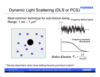 Dynamic Light Scattering (DLS or PCS)
Most common technique for sub-micron sizing
Range: 1 nm – 1 m*

Frequency Shifted Signal

Frequency-Intensity
Distribution

Stokes-Einstein R H 
* Density dependent, when does settling become prominent motion?
© 2010 HORIBA, Ltd. All rights reserved.

kT
6  D

 