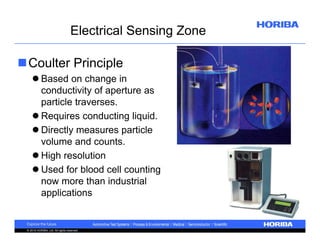 Electrical Sensing Zone
Coulter Principle
 Based on change in
conductivity of aperture as
particle traverses.
 Requires conducting liquid.
 Directly measures particle
volume and counts.
 High resolution
 Used for blood cell counting
now more than industrial
applications

© 2010 HORIBA, Ltd. All rights reserved.

 