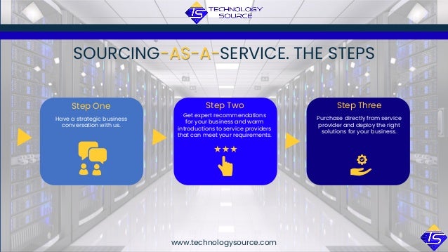 www.technologysource.com
Have a strategic business
conversation with us.
Step One
Purchase directly from service
provider and deploy the right
solutions for your business.
Step Three
SOURCING-AS-A-SERVICE. THE STEPS
Get expert recommendations
for your business and warm
introductions to service providers
that can meet your requirements.
Step Two
 