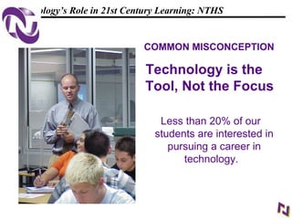 12
108319 _Macros
Technology’s Role in 21st Century Learning: NTHS
COMMON MISCONCEPTION
Technology is the
Tool, Not the Focus
Less than 20% of our
students are interested in
pursuing a career in
technology.
 