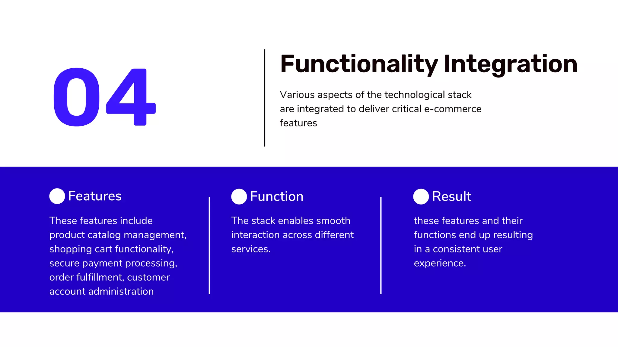 These features include
product catalog management,
shopping cart functionality,
secure payment processing,
order fulfillment, customer
account administration
The stack enables smooth
interaction across different
services.
Features Function
04
these features and their
functions end up resulting
in a consistent user
experience.
Result
Functionality Integration
Various aspects of the technological stack
are integrated to deliver critical e-commerce
features
 