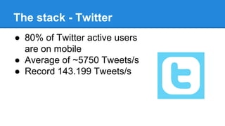 The stack - Twitter
● 80% of Twitter active users
are on mobile
● Average of ~5750 Tweets/s
● Record 143.199 Tweets/s
 
