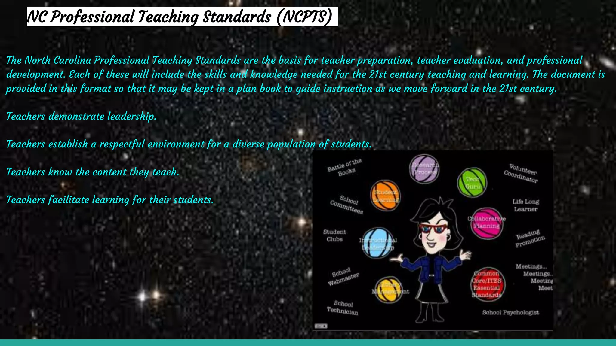 NC Professional Teaching Standards (NCPTS)
The North Carolina Professional Teaching Standards are the basis for teacher preparation, teacher evaluation, and professional
development. Each of these will include the skills and knowledge needed for the 21st century teaching and learning. The document is
provided in this format so that it may be kept in a plan book to guide instruction as we move forward in the 21st century.
Teachers demonstrate leadership.
Teachers establish a respectful environment for a diverse population of students.
Teachers know the content they teach.
Teachers facilitate learning for their students.
 
