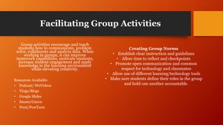 Facilitating Group Activities
Group activities encourage and teach
students how to communicate, problem
solve, collaborate and analyze data. When
working in groups, it can improve
teamwork capabilities, motivate students,
increase student engagement and apply
knowledge to the learning environment
while elevating creativity.
Resources Available:
• Podcast/ WeVideos
• Vlogs/Blogs
• Google Slides
• Smore/Canva
• Prezi/PowToon
Creating Group Norms
• Establish clear instruction and guidelines
• Allow time to reflect and checkpoints
• Promote open communication and common
respect for technology and classmates
• Allow use of different learning/technology tools
• Make sure students define their roles in the group
and hold one another accountable.
 