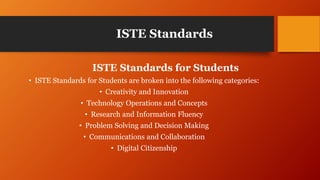 ISTE Standards
ISTE Standards for Students
• ISTE Standards for Students are broken into the following categories:
• Creativity and Innovation
• Technology Operations and Concepts
• Research and Information Fluency
• Problem Solving and Decision Making
• Communications and Collaboration
• Digital Citizenship
 