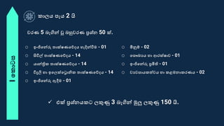 Iවකොටස කාලය පැය 2 යි
o ඉංජිවන්රු තාක්ෂණවේදය හැදින්වීම - 01
o සවිල් තාක්ෂණවේදය - 14
o යාන්ත්‍රික තාක්ෂණවේදය - 14
o විදුලි හා ඉවලක්වරොනික තාක්ෂණවේදය - 14
o ඉංජිවන්රු ඇදීම - 01
o මිනුේ - 02
o වසෞඛ්‍යය හා ආරක්ෂාව - 01
o ඉංජිවන්රු ප්‍රමිති - 01
o වයවසායකත්වය හා කළමනාකරණය - 02
වරණ 5 බැගින් වූ බහුවරණ ප්‍රශ්න 50 ක්.
 එක් ප්‍රශ්නයකට ලකුණු 3 බැගින් මුලු ලකුණු 150 යි.
 
