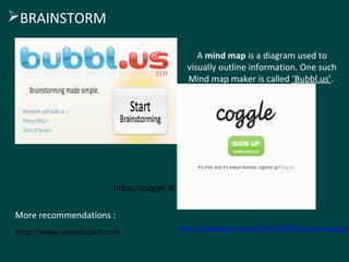 A mind map is a diagram used to 
visually outline information. One such 
Mind map maker is called ‘Bubbl.us’. 
(Web Application) 
BRAINSTORM 
https://coggle.it/ 
More recommendations : 
http://mashable.com/2013/09/25/mind-mapping-http://www.stormboard.com 
 