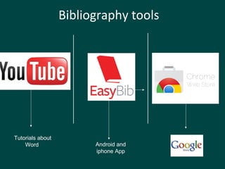 Bibliography tools 
Android and 
iphone App 
Tutorials about 
Word 
 