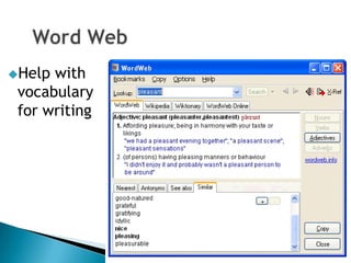 Activities can reinforce facts.Students can be pre-taught a specific strategy for combining sentences. Use the word processor to demonstrate those strategiesObjective: To redo the group of two sentences to create one sentence use copy, cut and paste.The kidneys filter out waste.The kidneys filter our blood.7th grade scienceLanguage activity supports science learning.