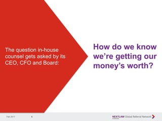 6
The question in-house
counsel gets asked by its
CEO, CFO and Board:
Feb 2017
How do we know
we’re getting our
money’s worth?
 