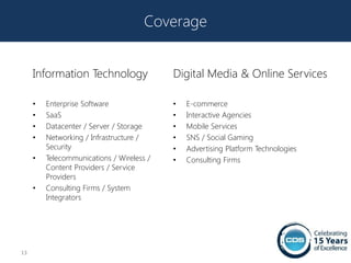 Coverage


     Information Technology                Digital Media & Online Services

     •   Enterprise Software               •   E-commerce
     •   SaaS                              •   Interactive Agencies
     •   Datacenter / Server / Storage     •   Mobile Services
     •   Networking / Infrastructure /     •   SNS / Social Gaming
         Security                          •   Advertising Platform Technologies
     •   Telecommunications / Wireless /   •   Consulting Firms
         Content Providers / Service
         Providers
     •   Consulting Firms / System
         Integrators




13
 