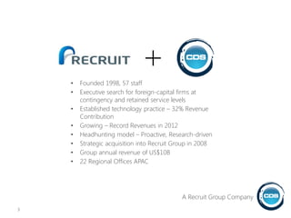 3
• Founded 1998, 57 staff
• Executive search for foreign-capital firms at
contingency and retained service levels
• Established technology practice – 32% Revenue
Contribution
• Growing – Record Revenues in 2012
• Headhunting model – Proactive, Research-driven
• Strategic acquisition into Recruit Group in 2008
• Group annual revenue of US$10B
• 22 Regional Offices APAC
A Recruit Group Company
 