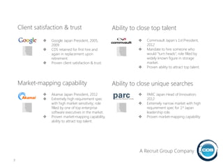  Commvault Japan`s 1st President,
2012
 Mandate to hire someone who
would “turn heads”; role filled by
widely known figure in storage
market.
 Proven ability to attract top talent.
 Akamai Japan President, 2012
 Extremely high requirement spec
with high market sensitivity; role
filled by one of top enterprise
software executives in the market.
 Proven market-mapping capability,
ability to attract top talent.
 Google Japan President, 2005,
2009
 CDS retained for first hire and
again in replacement upon
retirement.
 Proven client satisfaction & trust.
 PARC Japan Head of Innovation,
2012
 Extremely narrow market with high
requirement spec for 1st Japan
leadership role.
 Proven market-mapping capability.
7
A Recruit Group Company
Client satisfaction & trust
Market-mapping capability
Ability to close top talent
Ability to close unique searches
 
