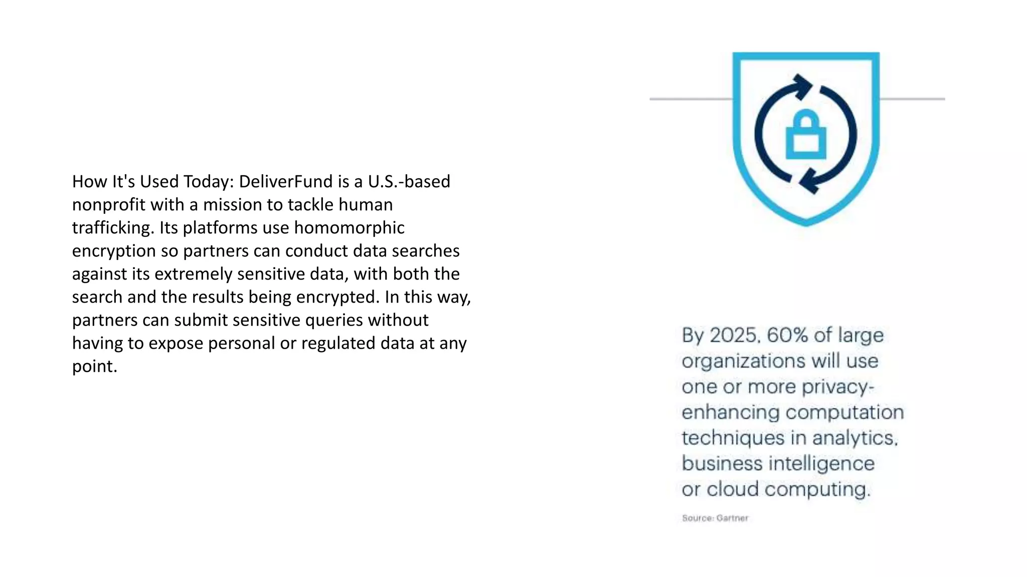 How It's Used Today: DeliverFund is a U.S.-based
nonprofit with a mission to tackle human
trafficking. Its platforms use homomorphic
encryption so partners can conduct data searches
against its extremely sensitive data, with both the
search and the results being encrypted. In this way,
partners can submit sensitive queries without
having to expose personal or regulated data at any
point.
 