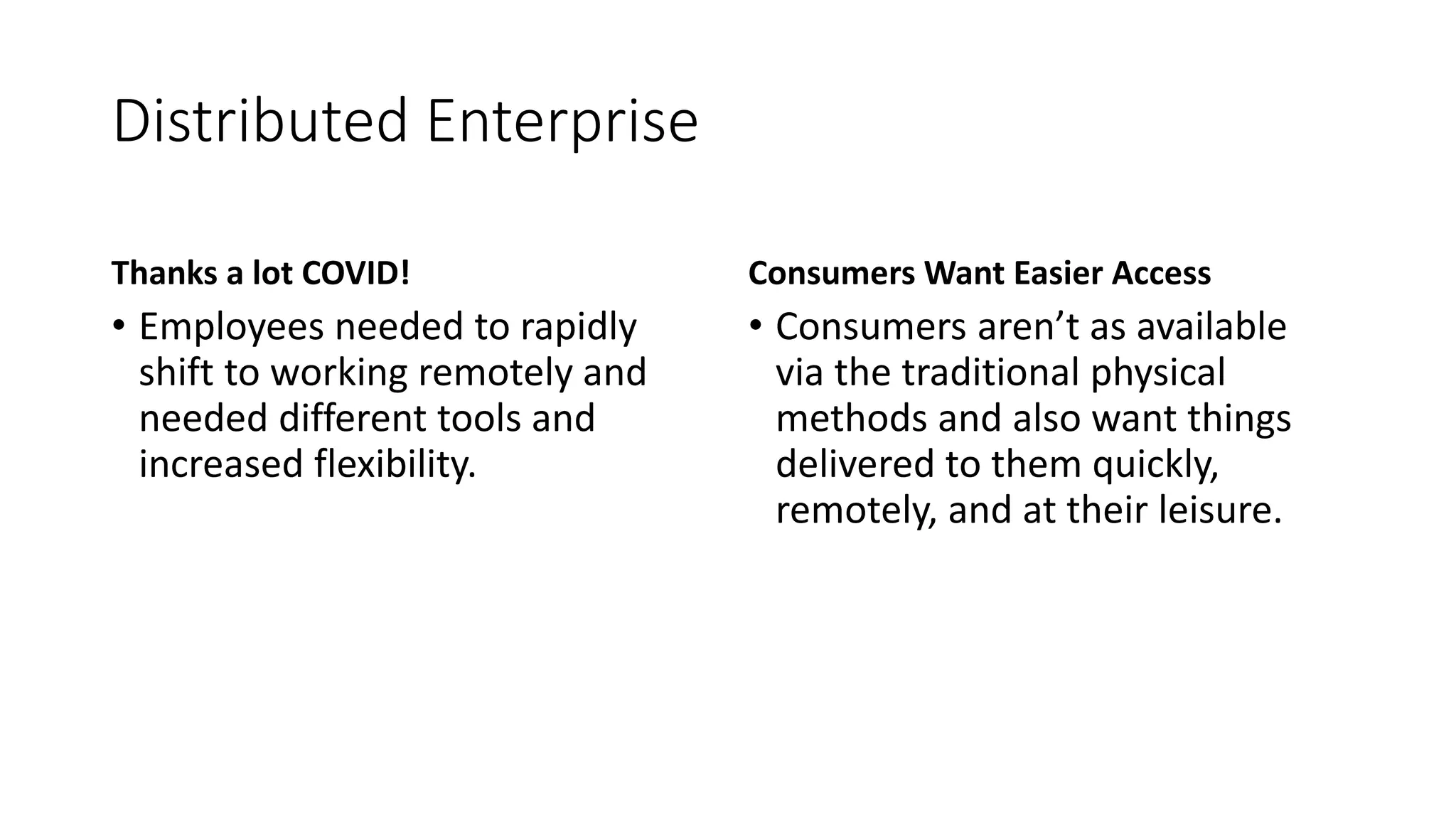 Distributed Enterprise
Thanks a lot COVID!
• Employees needed to rapidly
shift to working remotely and
needed different tools and
increased flexibility.
Consumers Want Easier Access
• Consumers aren’t as available
via the traditional physical
methods and also want things
delivered to them quickly,
remotely, and at their leisure.
 