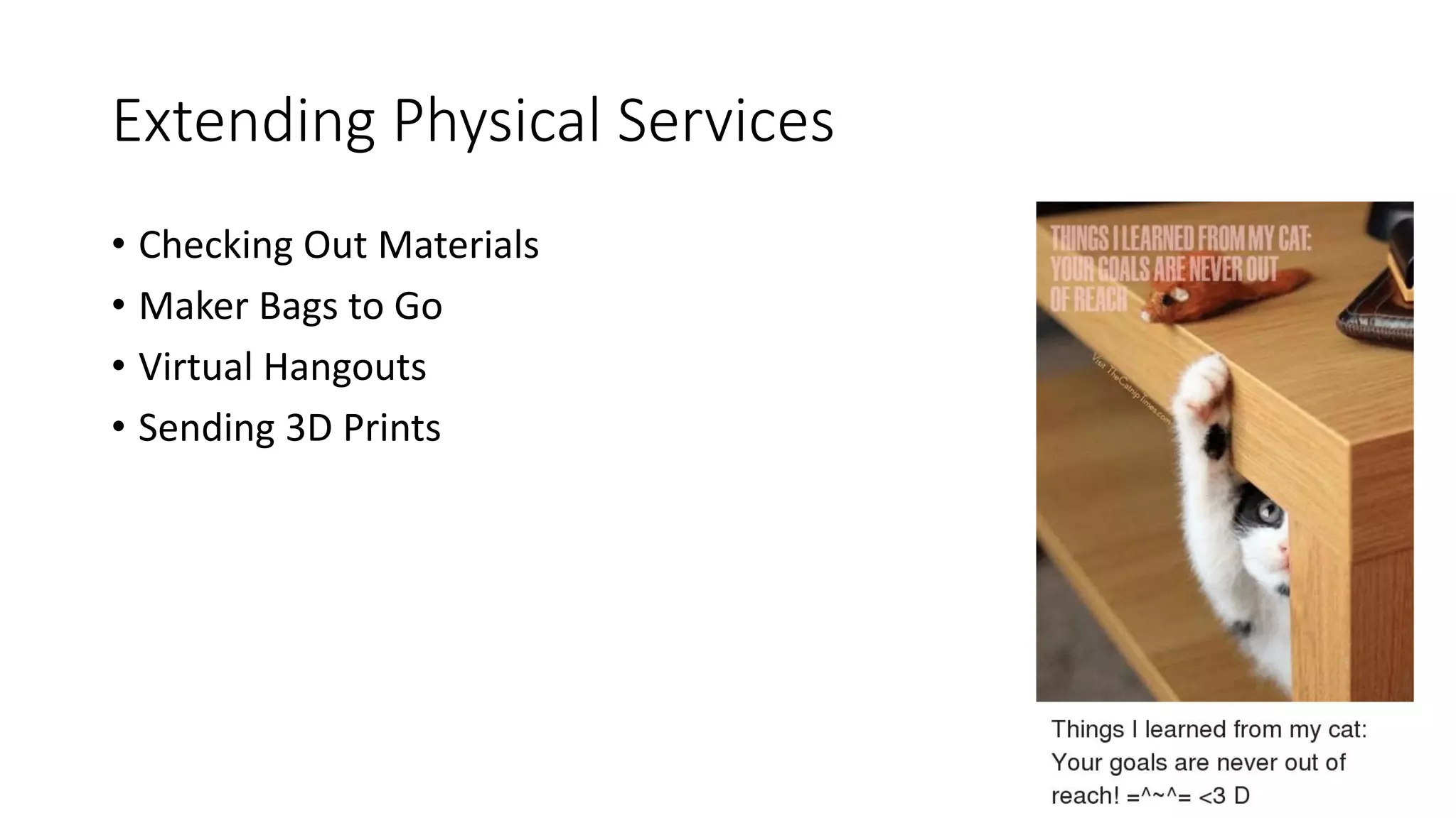 Extending Physical Services
• Checking Out Materials
• Maker Bags to Go
• Virtual Hangouts
• Sending 3D Prints
 