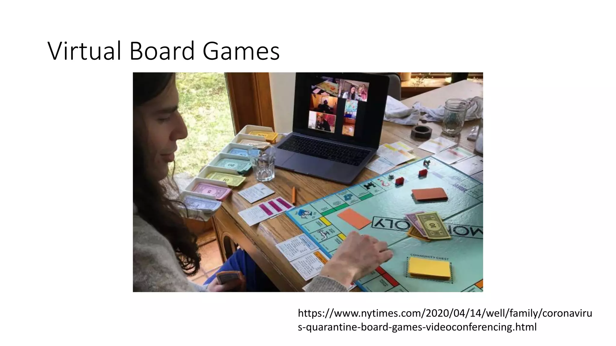 Virtual Board Games
https://www.nytimes.com/2020/04/14/well/family/coronaviru
s-quarantine-board-games-videoconferencing.html
 