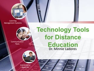 Technology Tools
for Distance
Education
Learning
Management Systems
Communication
Tools
Instructional
Materials
Dr. Minnie Ladores
 